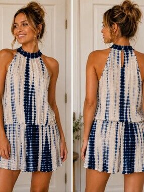 HEIMISH USA Blue and White Tie Dyed Romper NWOT